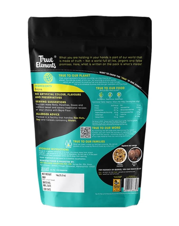 True Elements Bajra Atta 500 g Gluten-Free | Wholegrain Muesli Mix | Nutrient-Rich Pearl Millet Flour | High-Fiber Breakfast Cereal Blend | Healthy food