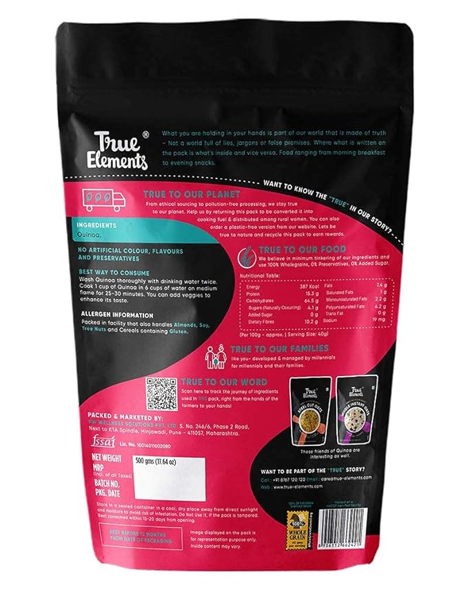 Quinoa 500g by True Elements - Quinoa Seeds | 100% Wholegrain Cereal | High Fibre & Protein Breakfast | Diet Food for Weight Loss | Gluten Free Quinoa