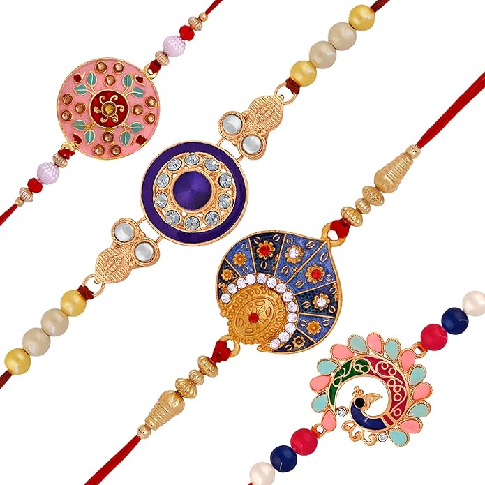 Combo of Meenakari Work Rakhi's with Multicolor Crystal and Artificial Pearl