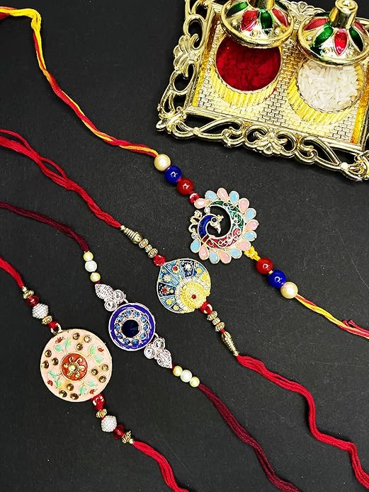 Combo of Meenakari Work Rakhi's with Multicolor Crystal and Artificial Pearl