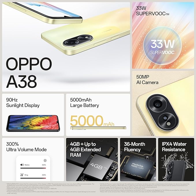 OPPO A38 | 4GB RAM, 128GB Storage) | 5000 mAh Battery and 33W SUPERVOOC | 6.56" HD 90Hz Waterdrop Display | 50MP Rear AI Camera