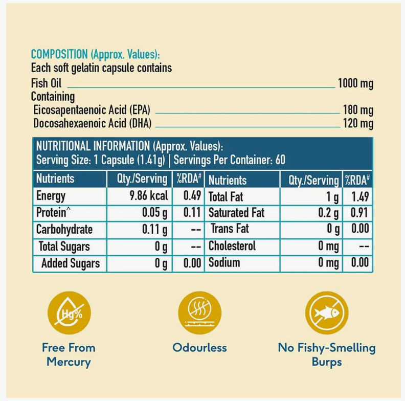 HealthKart HK Vitals Fish Oil 1000mg with 180mg EPA and 120mg DHA, 40 capsules