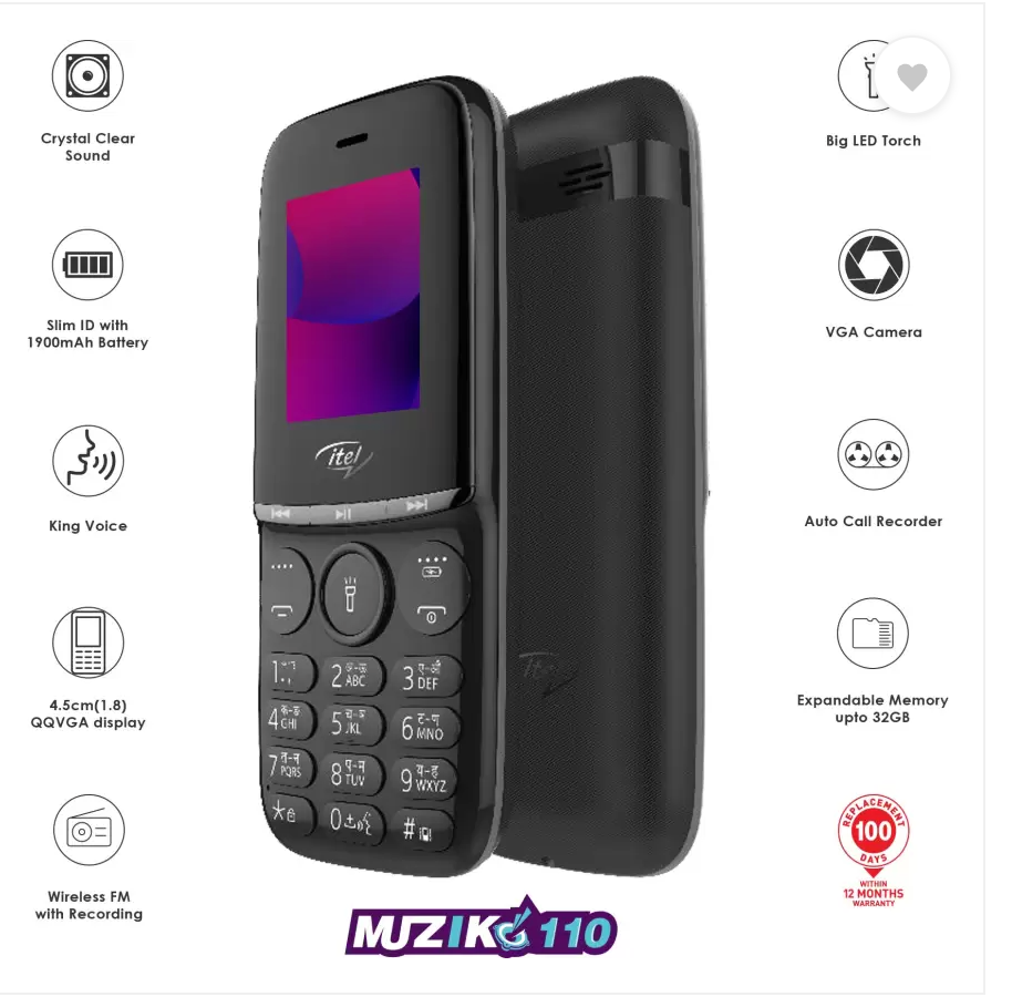 itel Muzik 110| 1900 mAh battery| Expandable Storage upto 32GB